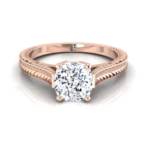 14K Rose Gold Cushion  Hand Engraved Vintage Cathedral Style Solitaire Engagement Ring