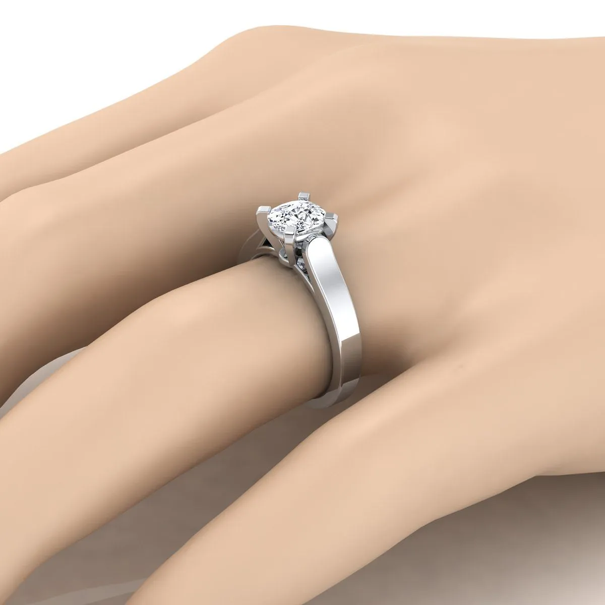 14K White Gold Cushion  Cathedral Style Solitaire Engagement Ring