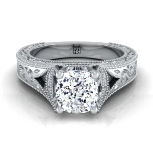 14K White Gold Cushion  Hand Engraved and Milgrain Vintage Solitaire Engagement Ring