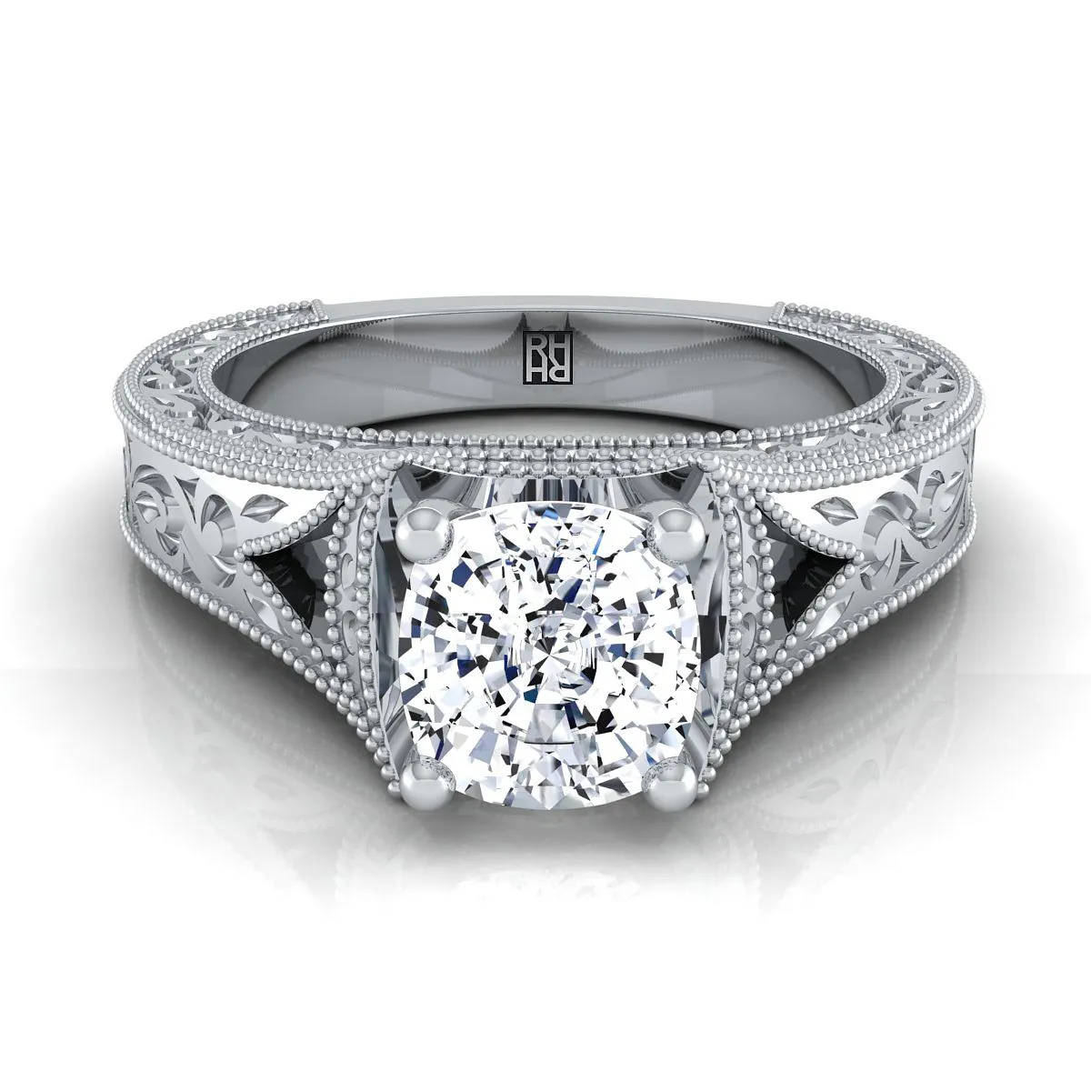 14K White Gold Cushion  Hand Engraved and Milgrain Vintage Solitaire Engagement Ring