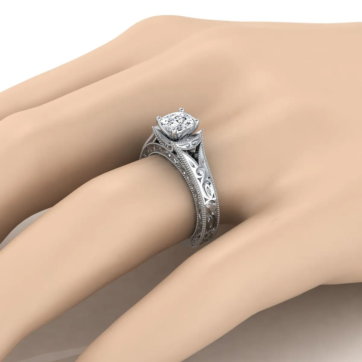 14K White Gold Cushion  Hand Engraved and Milgrain Vintage Solitaire Engagement Ring