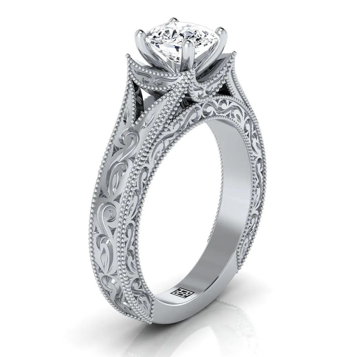 14K White Gold Cushion  Hand Engraved and Milgrain Vintage Solitaire Engagement Ring