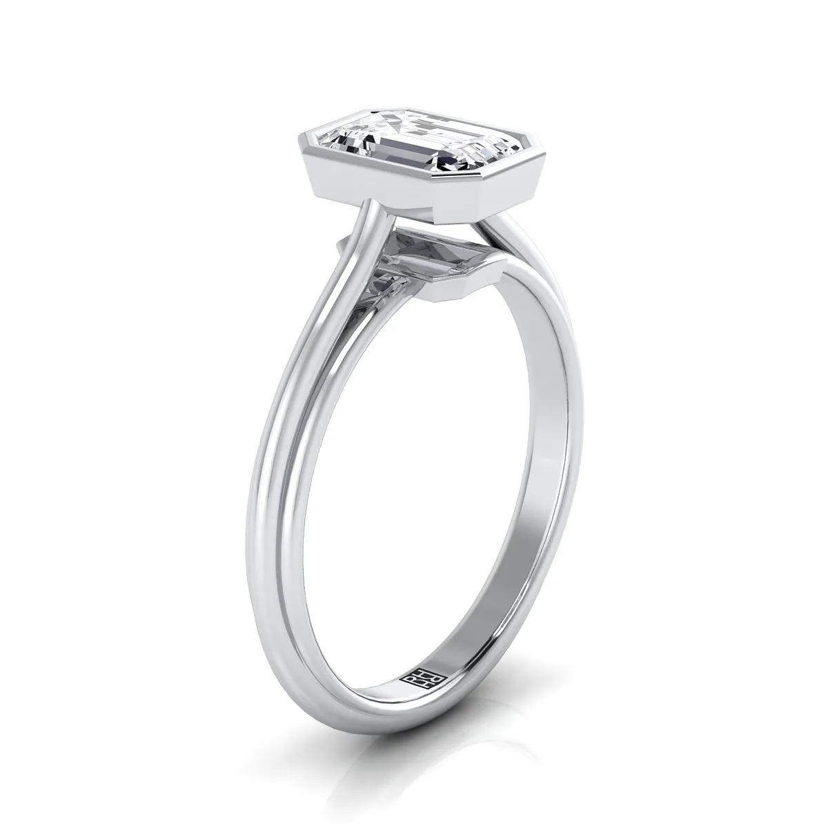 14K White Gold Emerald Cut  Bezel Halo Cathedral Solitaire Engagement Ring