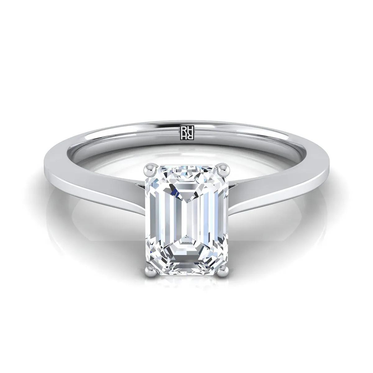 14K White Gold Emerald Cut  Timeless Solitaire Comfort Fit Engagement Ring
