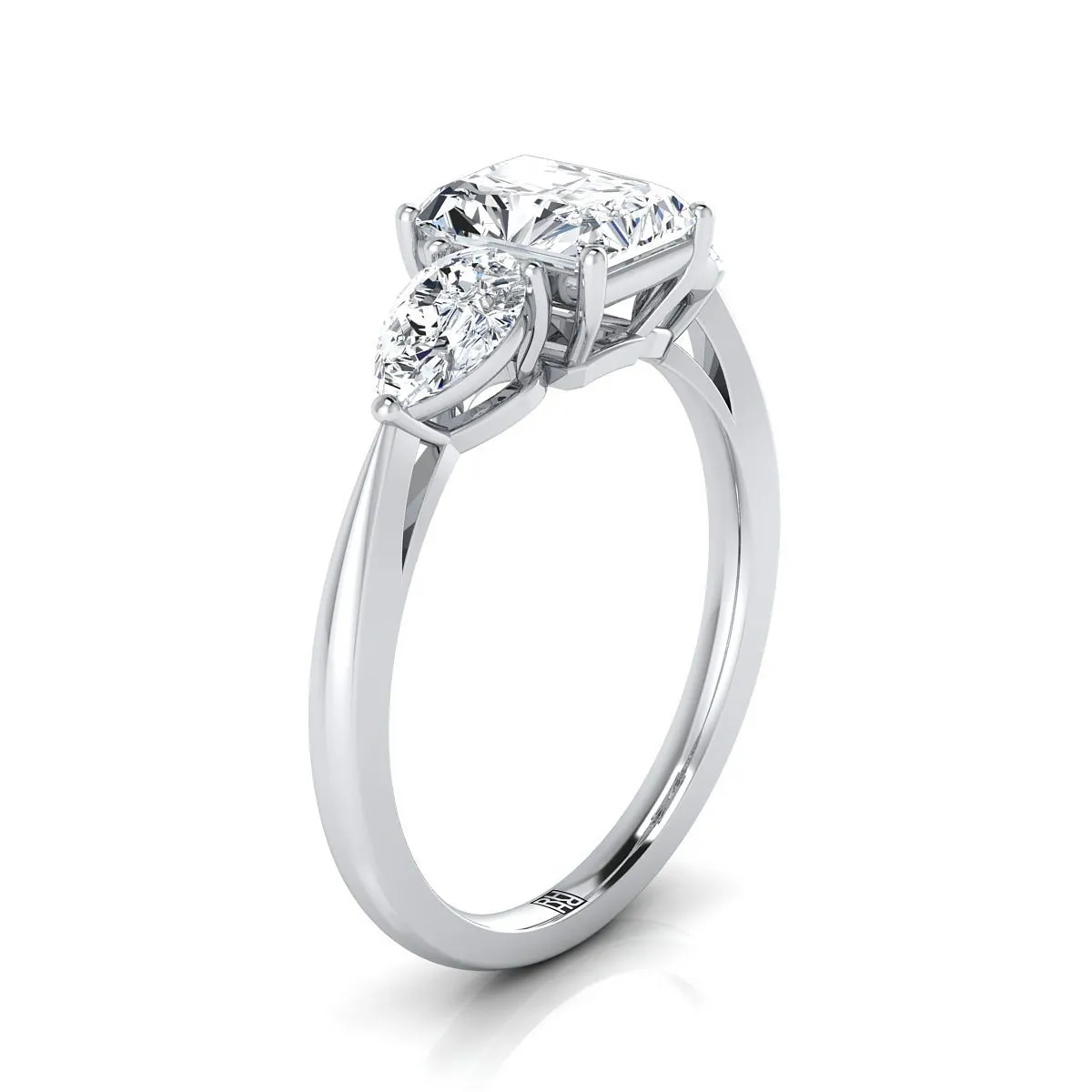 14K White Gold Radiant Cut Center Diamond Perfectly Matched Pear Shaped Three Diamond Engagement Ring -7/8ctw