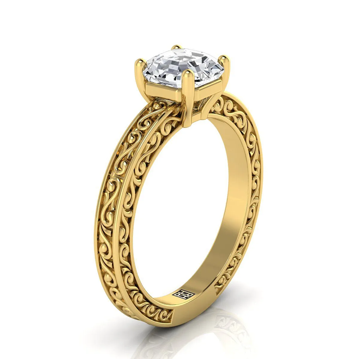 14K Yellow Gold Asscher Cut Hand Engraved Scroll Vintage Solitaire Engagement Ring