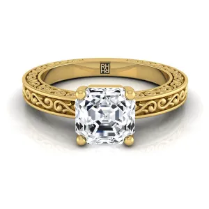 14K Yellow Gold Asscher Cut Hand Engraved Scroll Vintage Solitaire Engagement Ring