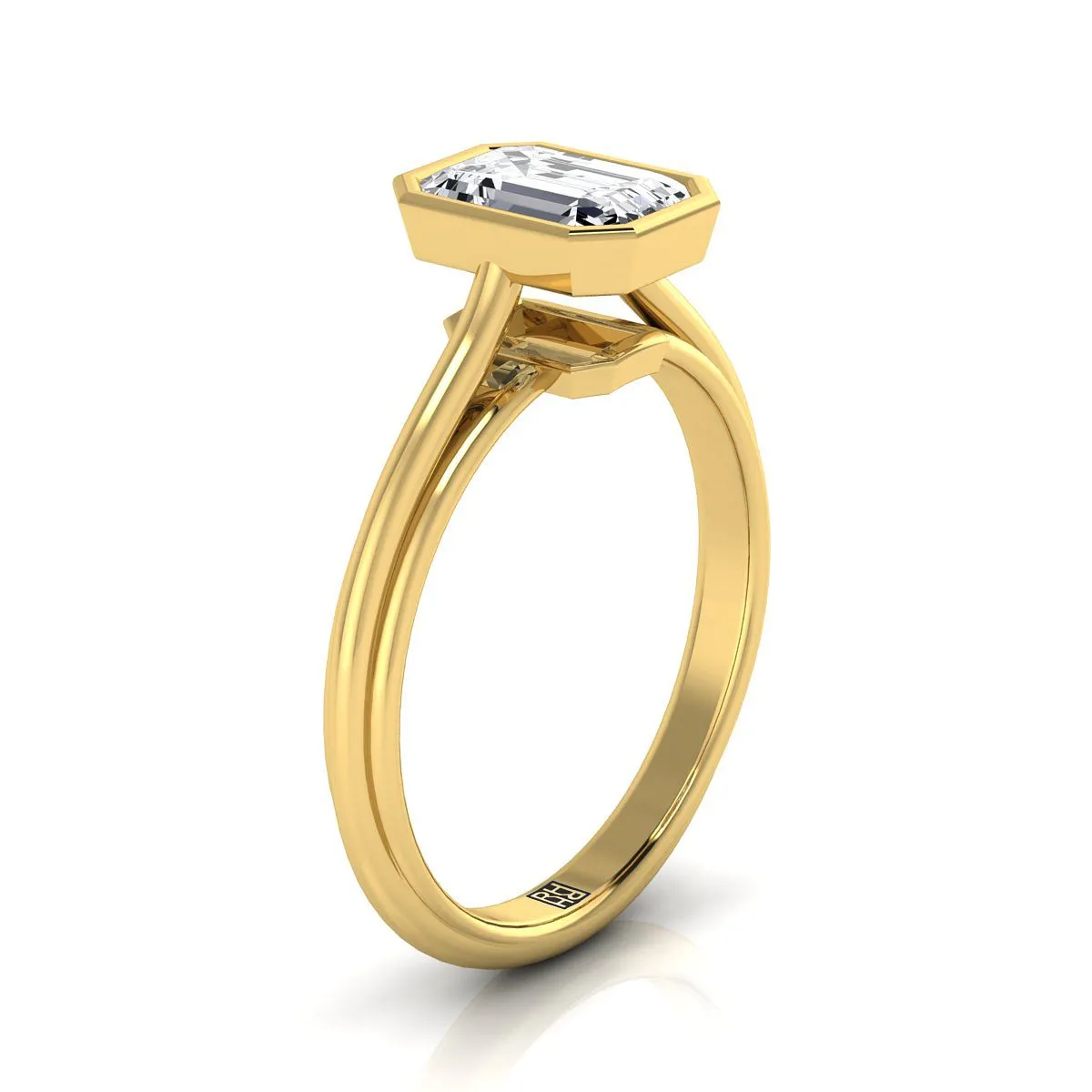 14K Yellow Gold Emerald Cut  Bezel Halo Cathedral Solitaire Engagement Ring