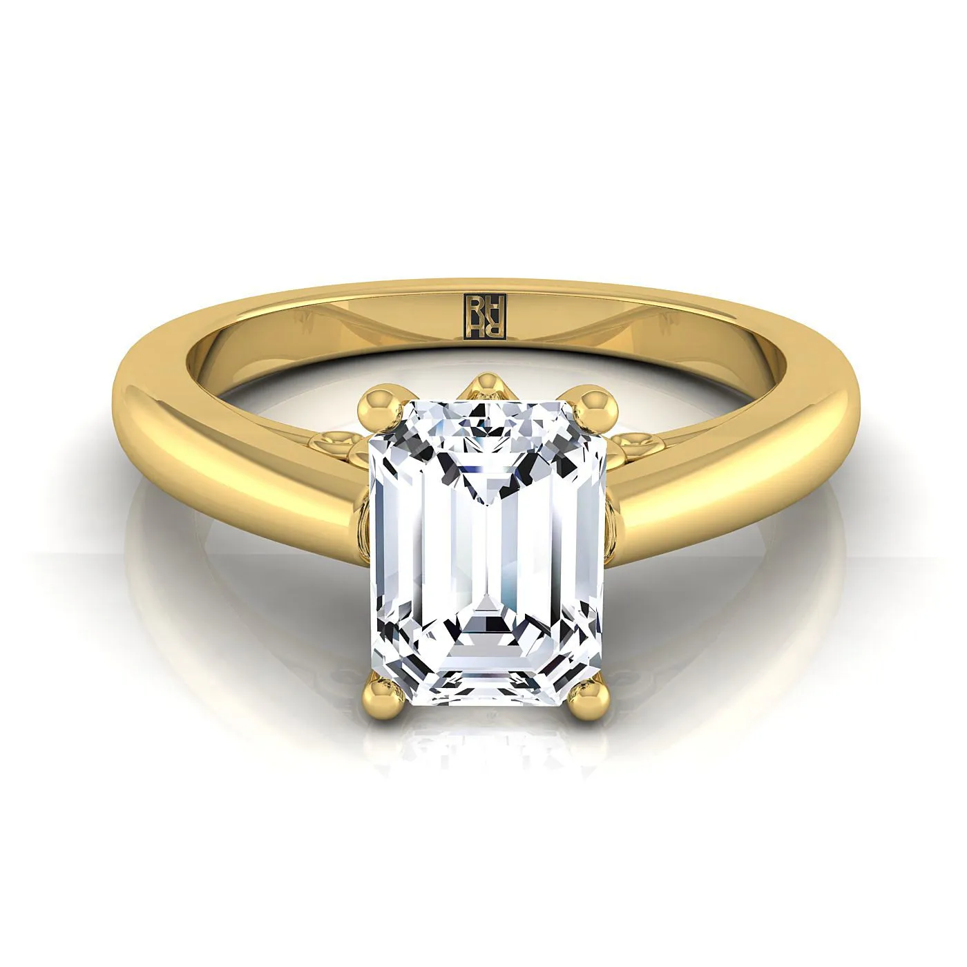 14K Yellow Gold Emerald Cut Scroll Gallery Comfort Fit Solitaire Engagement Ring