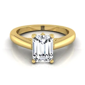 14K Yellow Gold Emerald Cut Scroll Gallery Comfort Fit Solitaire Engagement Ring