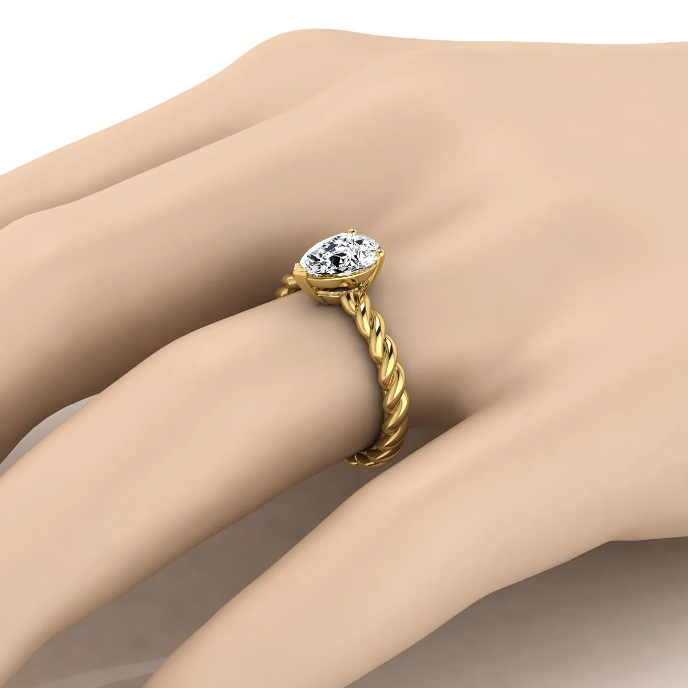 14K Yellow Gold Pear Shape Center  Twisted Rope Braid Solitaire Band