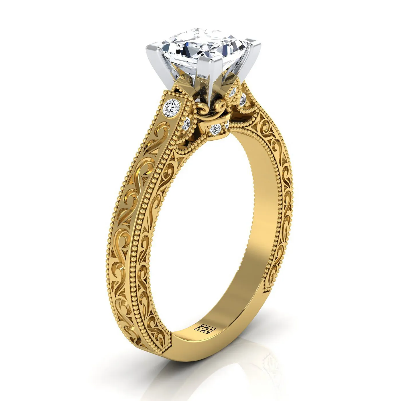 14K Yellow Gold Princess Cut Delicate Diamond Accented Antique Hand Engraved Engagement Ring -1/10ctw
