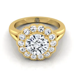 14K Yellow Gold Round Brilliant Floral Diamond Halo Simple Split Shank -3/8ctw