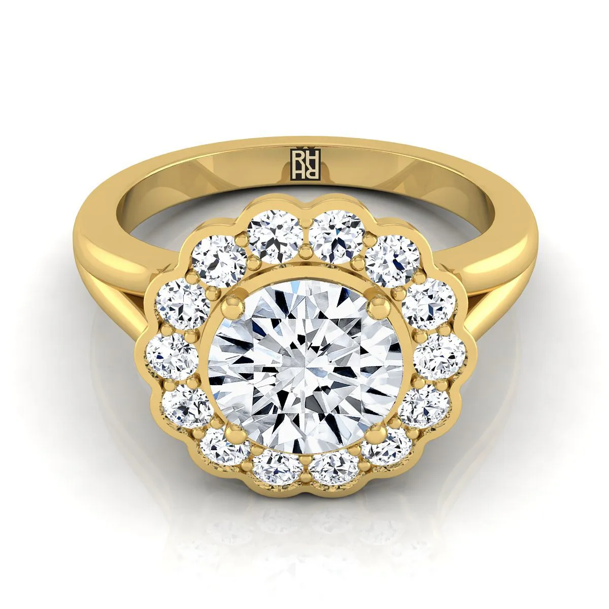 14K Yellow Gold Round Brilliant Floral Diamond Halo Simple Split Shank -3/8ctw