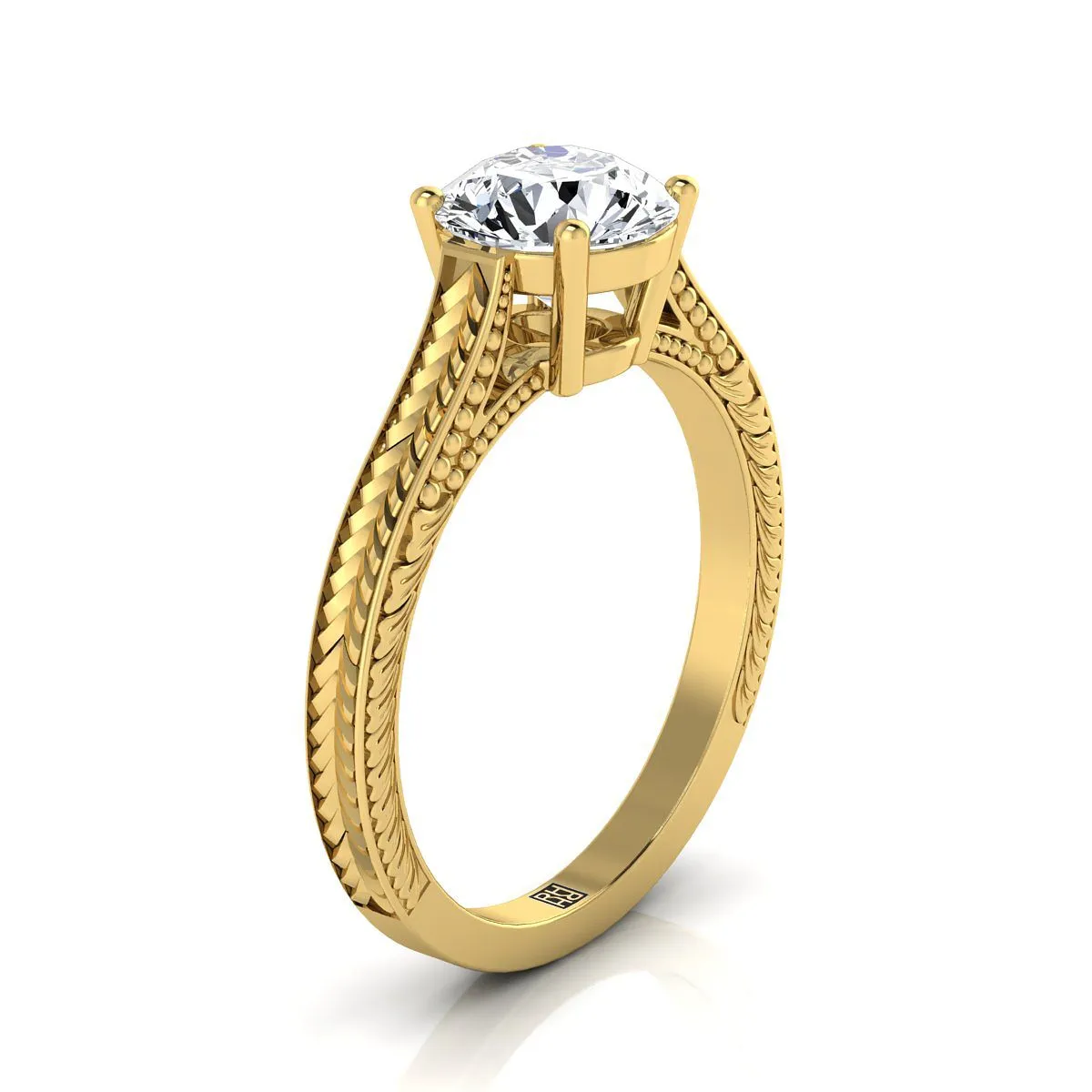 14K Yellow Gold Round Brilliant  Hand Engraved Vintage Cathedral Style Solitaire Engagement Ring