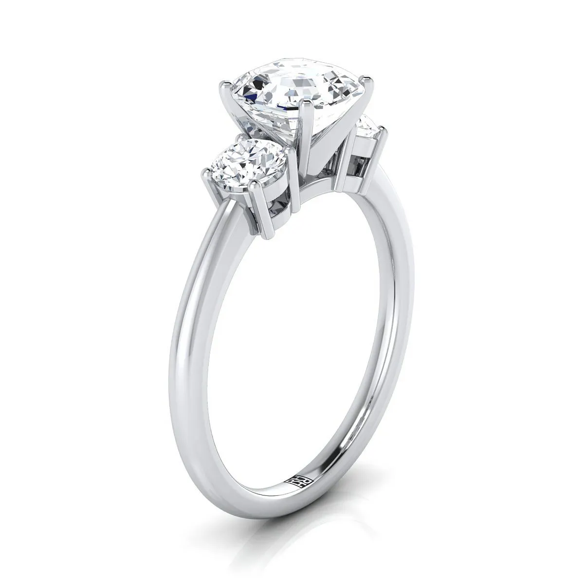 18K White Gold Asscher Cut Diamond Perfectly Matched Round Three Stone Diamond Engagement Ring -1/4ctw