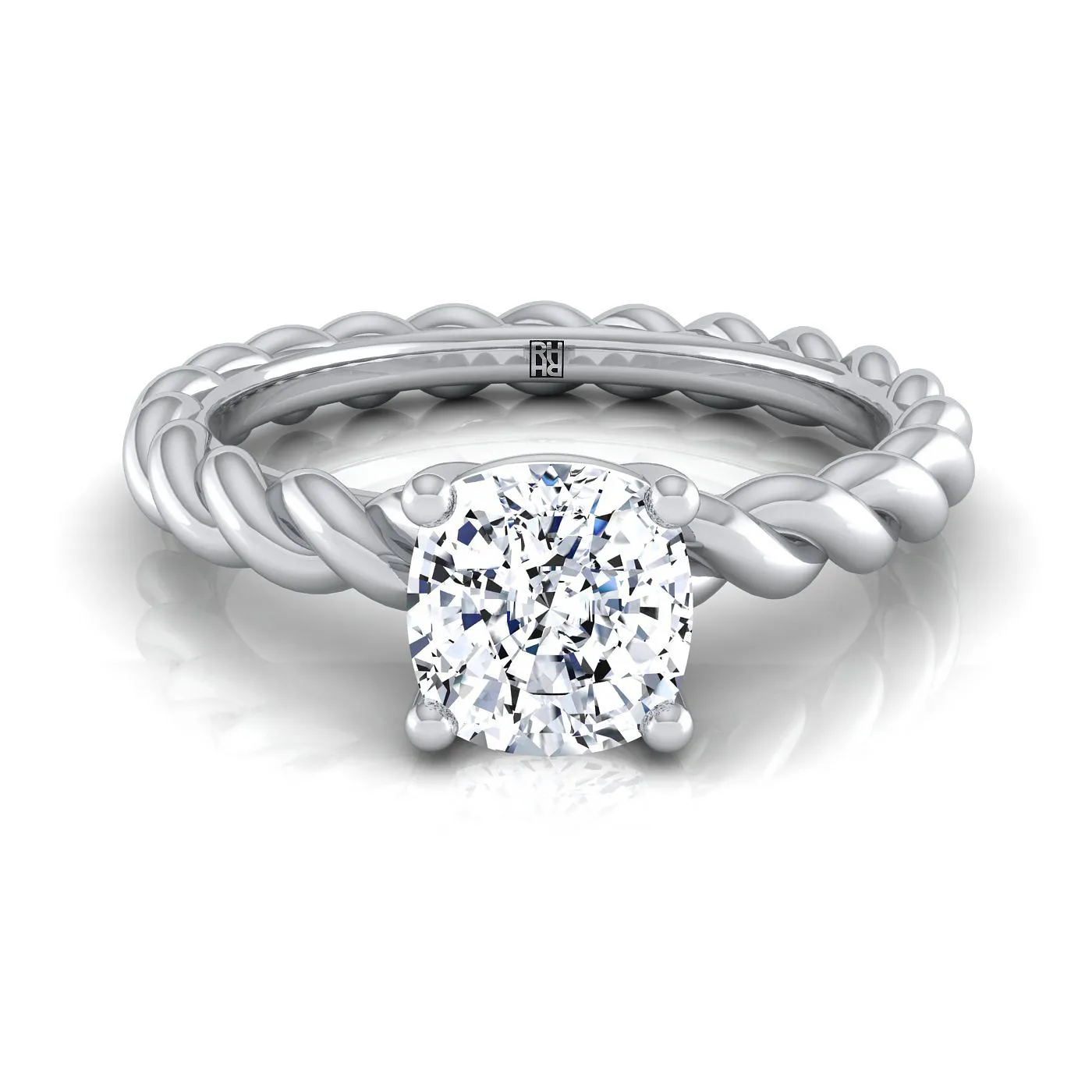 18K White Gold Cushion  Twisted Rope Braid Solitaire Band