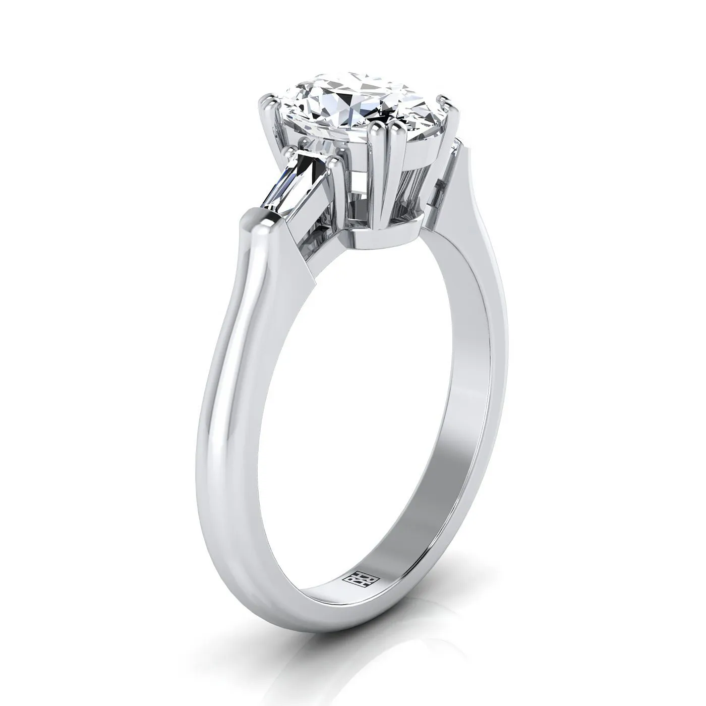 18K White Gold Oval Diamond Tapered Baguette Engagement Ring -1/4ctw