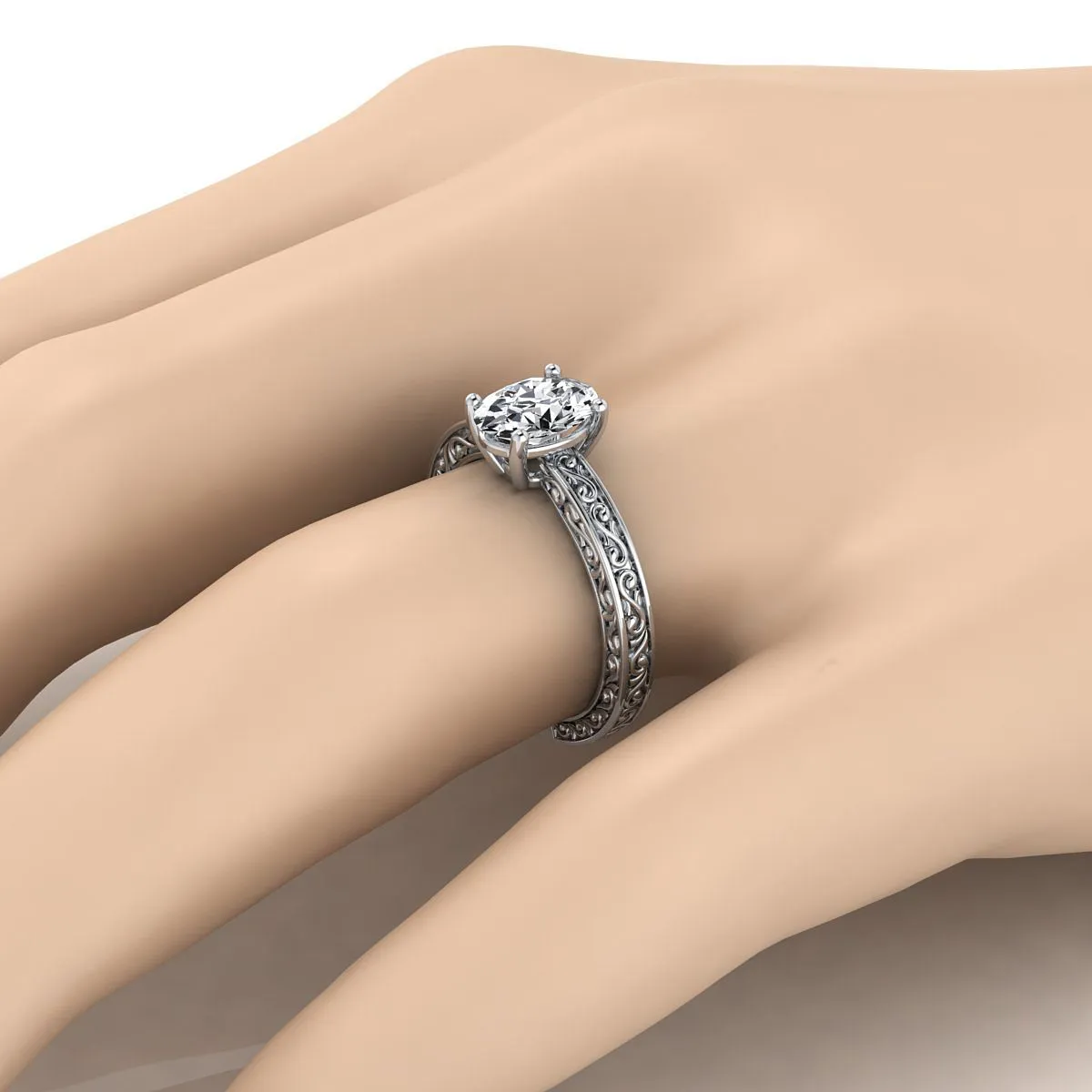 18K White Gold Oval Hand Engraved Scroll Vintage Solitaire Engagement Ring