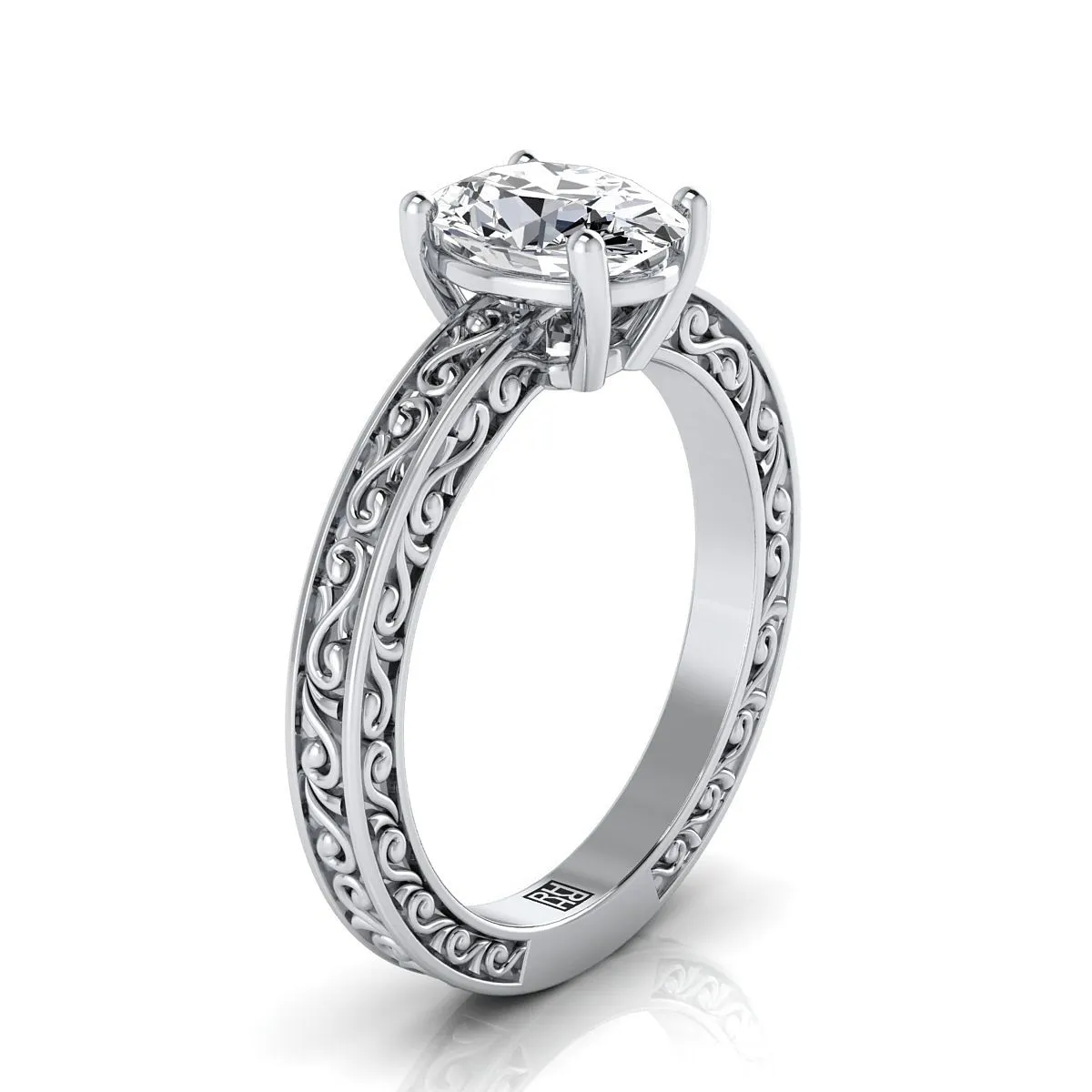 18K White Gold Oval Hand Engraved Scroll Vintage Solitaire Engagement Ring