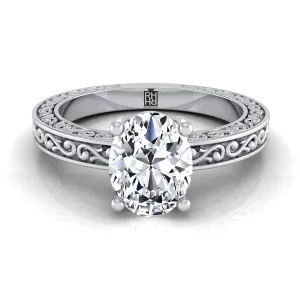 18K White Gold Oval Hand Engraved Scroll Vintage Solitaire Engagement Ring