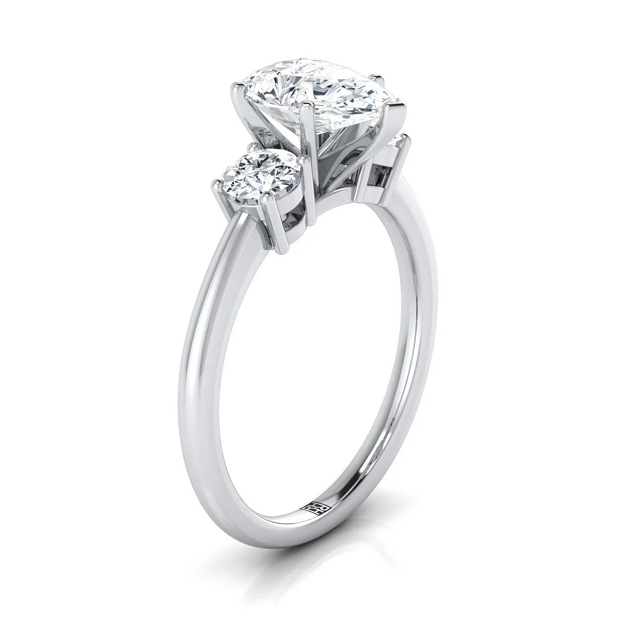 18K White Gold Pear Shape Center Diamond Perfectly Matched Round Three Stone Diamond Engagement Ring -1/4ctw