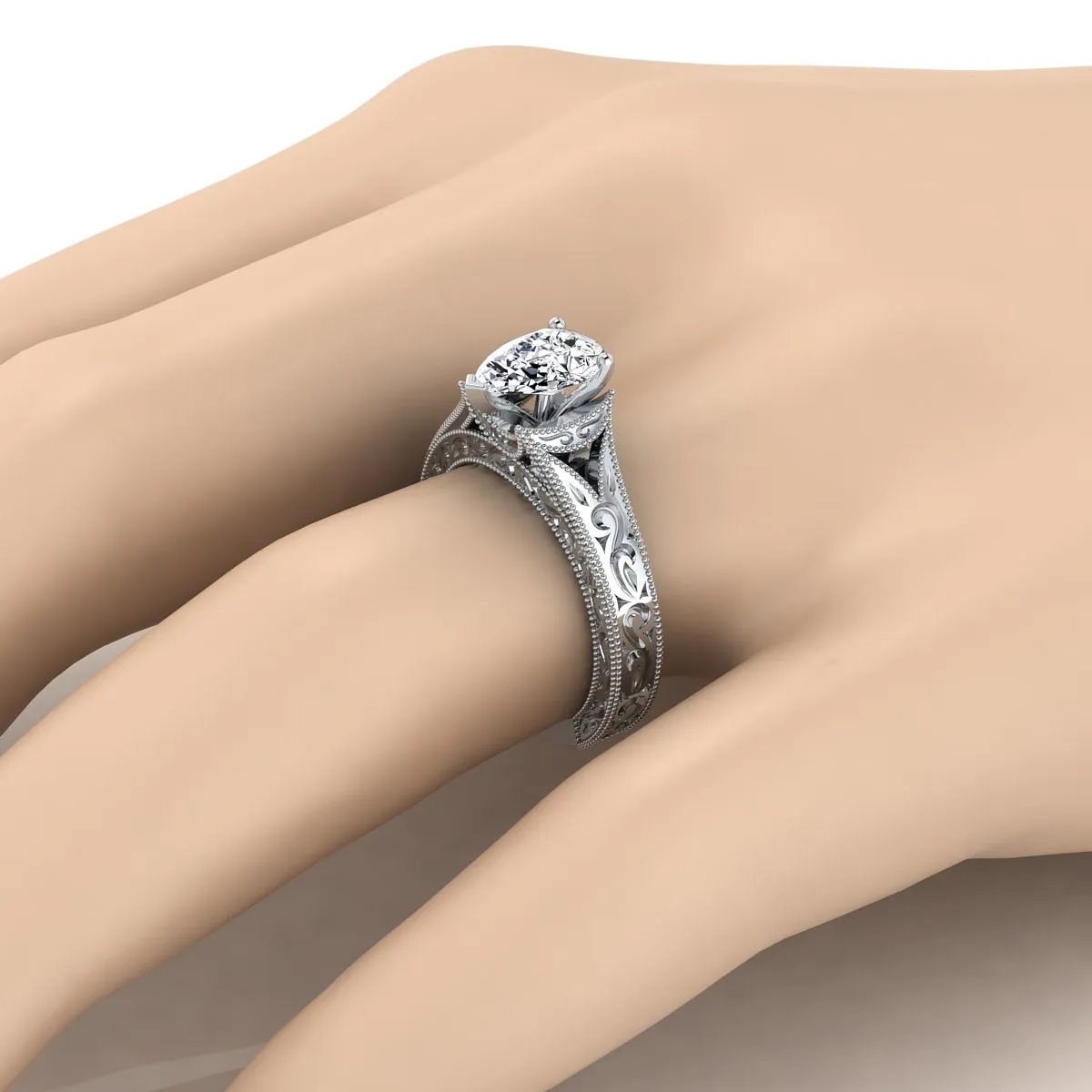 18K White Gold Pear Shape Center  Hand Engraved and Milgrain Vintage Solitaire Engagement Ring