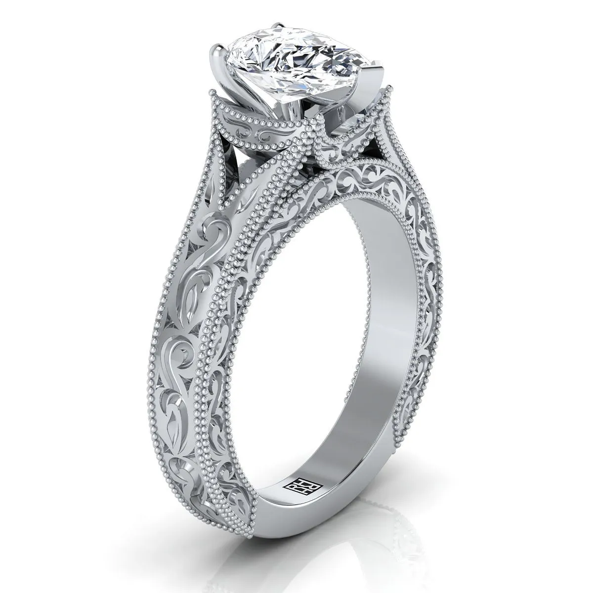 18K White Gold Pear Shape Center  Hand Engraved and Milgrain Vintage Solitaire Engagement Ring
