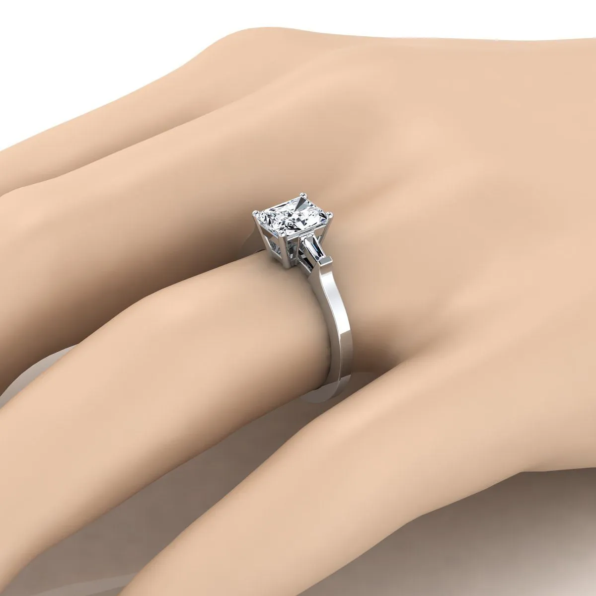 18K White Gold Radiant Cut Center Diamond Tapered Baguette Accent Engagement Ring -1/4ctw