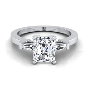 18K White Gold Radiant Cut Center Diamond Tapered Baguette Accent Engagement Ring -1/4ctw