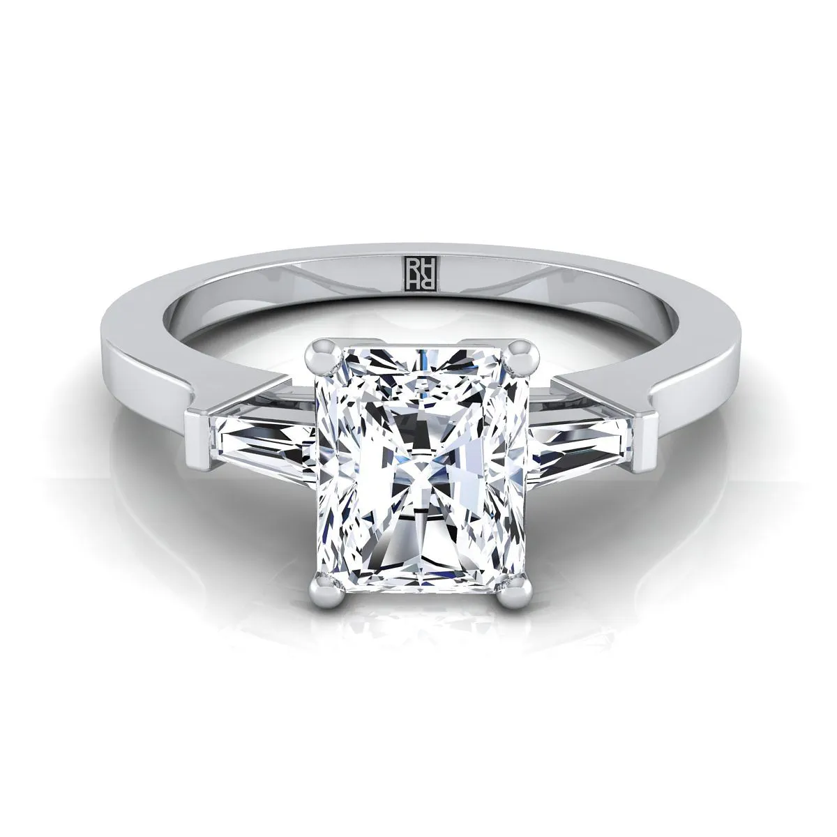 18K White Gold Radiant Cut Center Diamond Tapered Baguette Accent Engagement Ring -1/4ctw