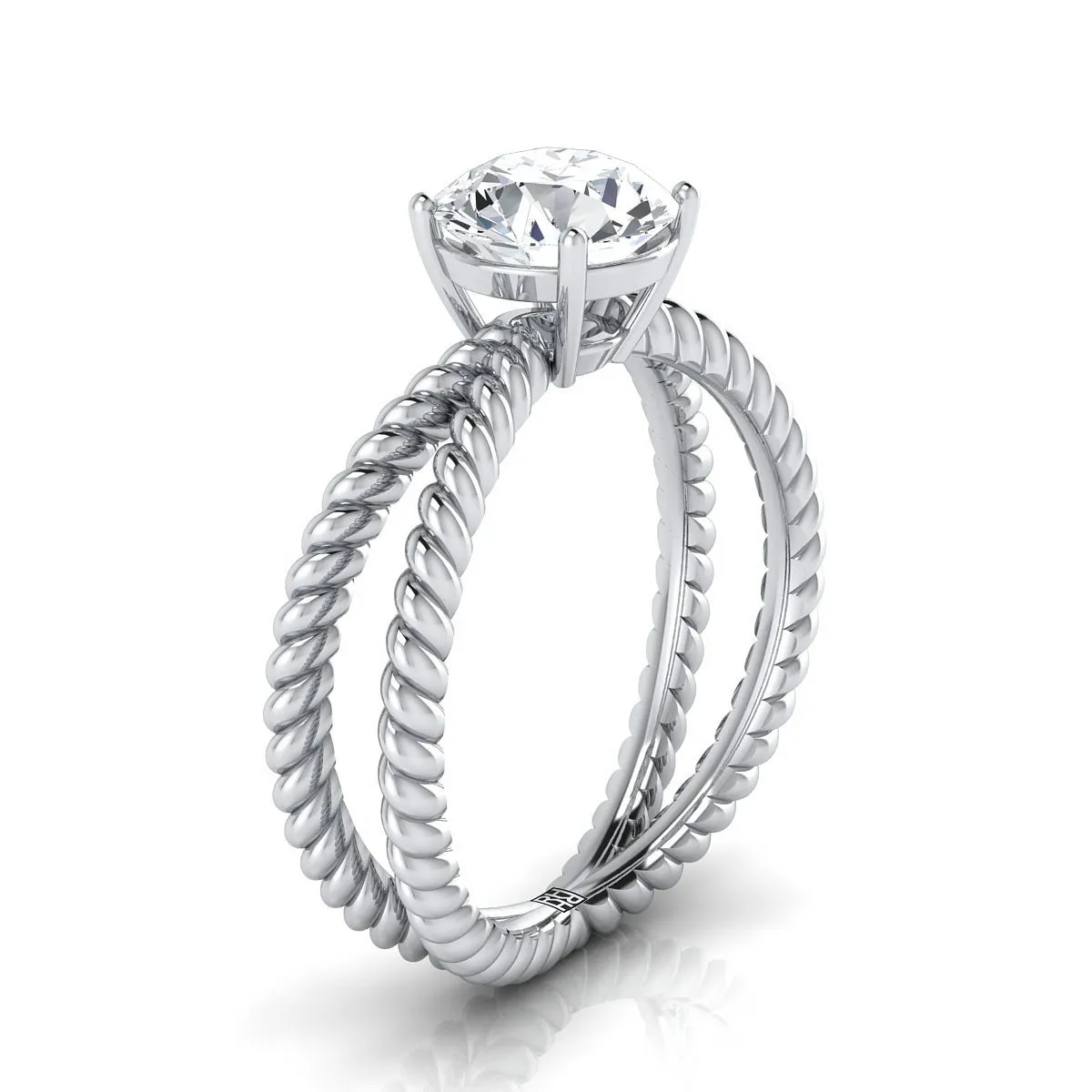 18K White Gold Round Brilliant Criss Cross Twisted Rope Solitaire Engagement Ring