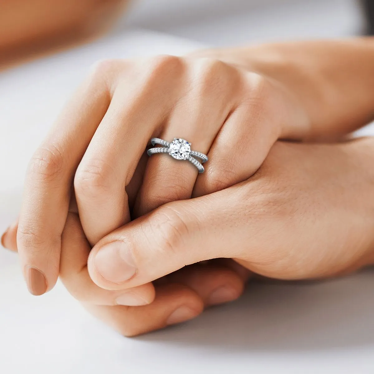 18K White Gold Round Brilliant Criss Cross Twisted Rope Solitaire Engagement Ring