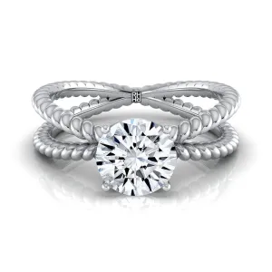 18K White Gold Round Brilliant Criss Cross Twisted Rope Solitaire Engagement Ring