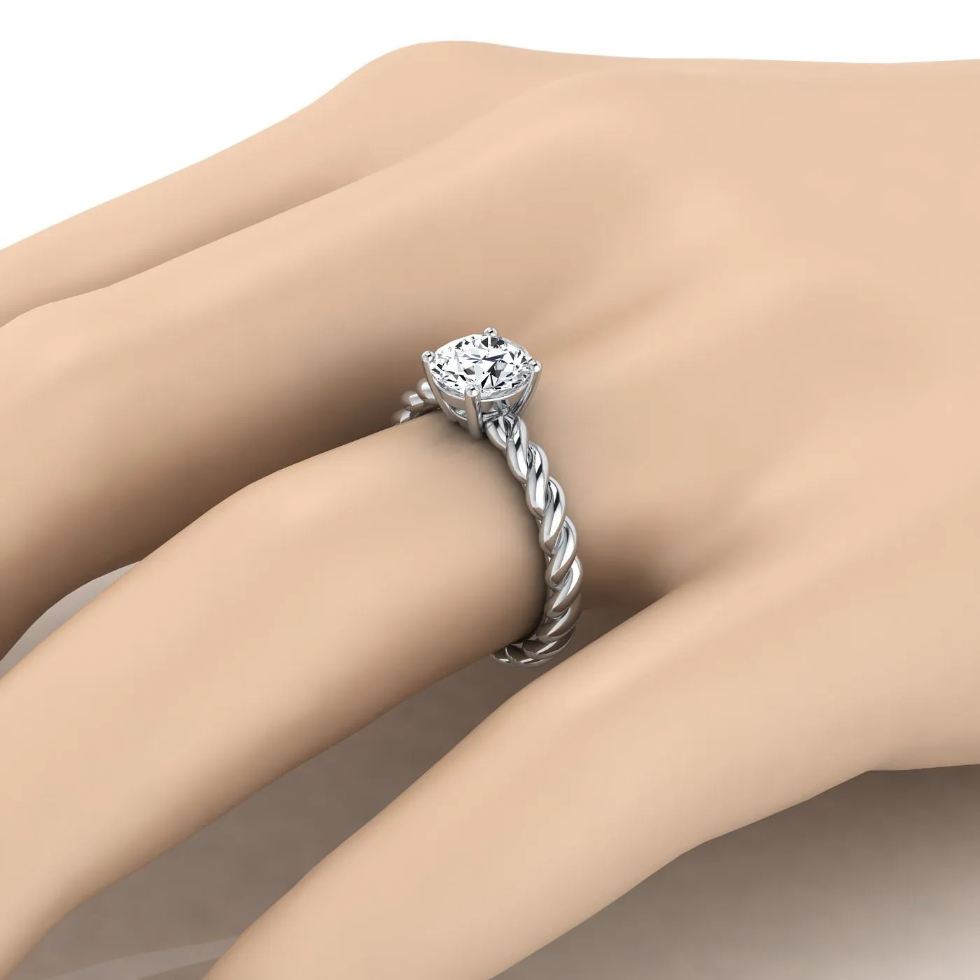18K White Gold Round Brilliant  Twisted Rope Braid Solitaire Band