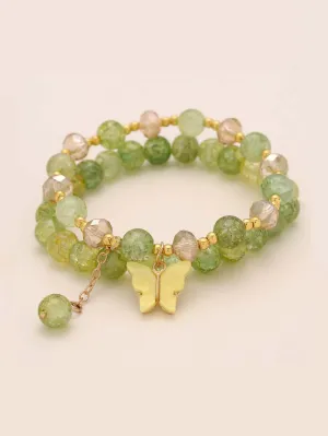 2pcs Butterfly Decor Green Beaded Bracelet Boho Style Crafted Beads Design