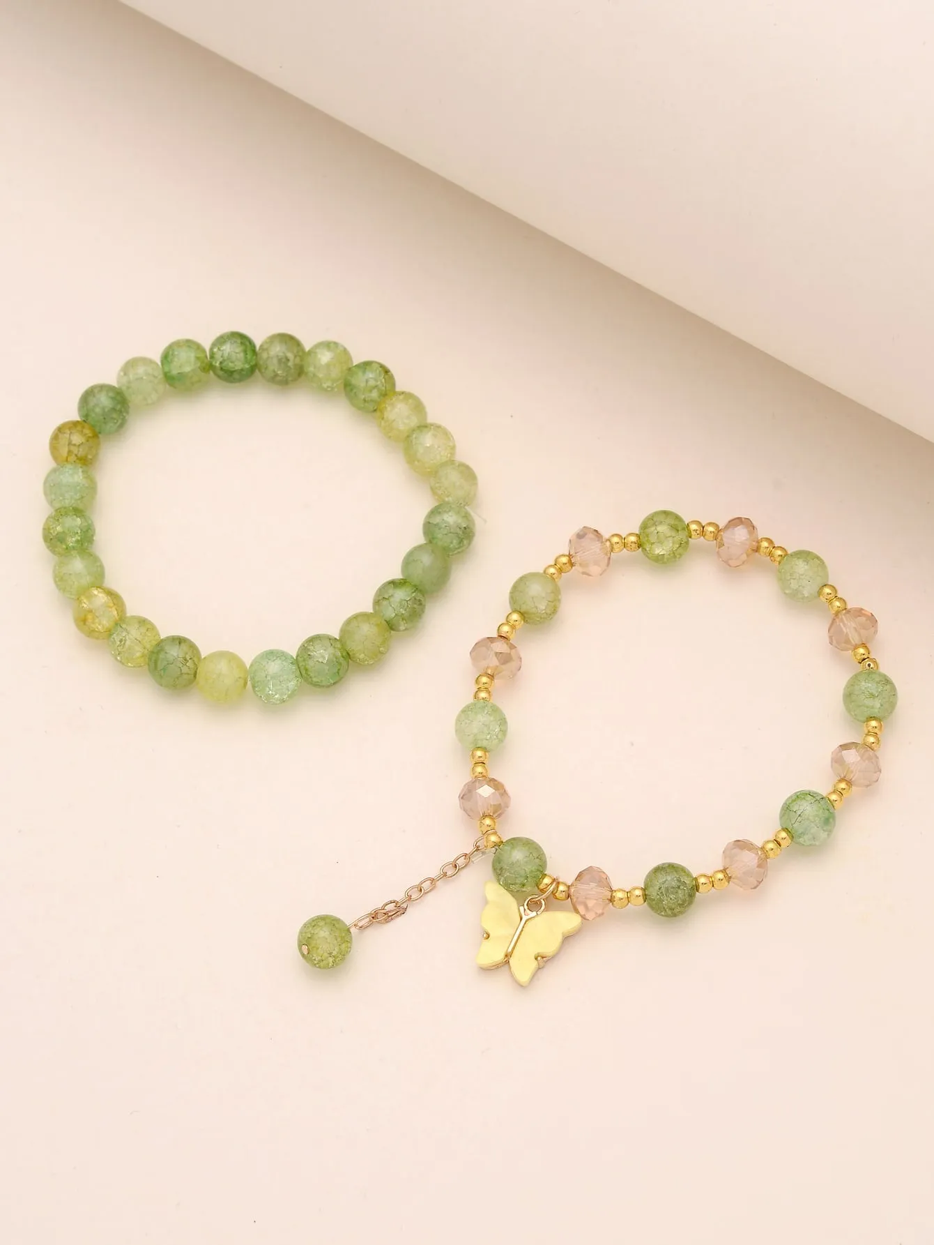 2pcs Butterfly Decor Green Beaded Bracelet Boho Style Crafted Beads Design