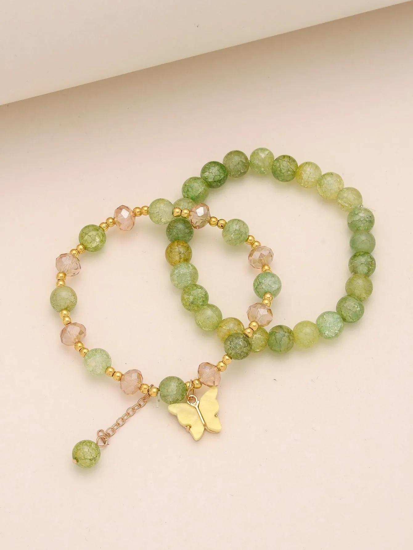 2pcs Butterfly Decor Green Beaded Bracelet Boho Style Crafted Beads Design