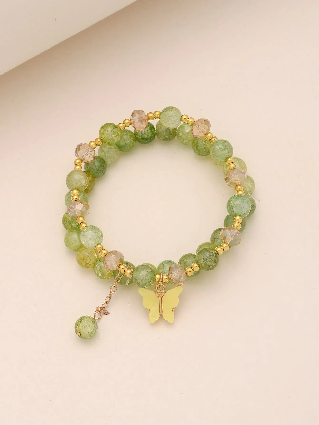 2pcs Butterfly Decor Green Beaded Bracelet Boho Style Crafted Beads Design