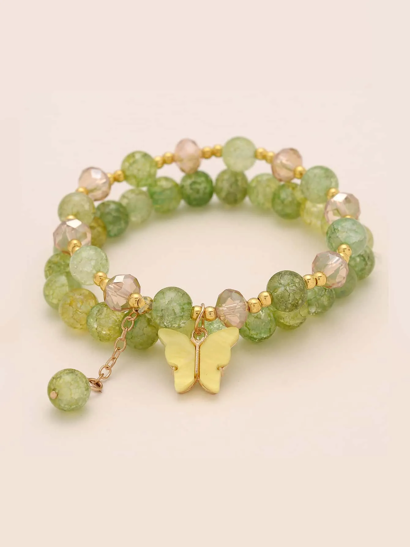 2pcs Butterfly Decor Green Beaded Bracelet Boho Style Crafted Beads Design