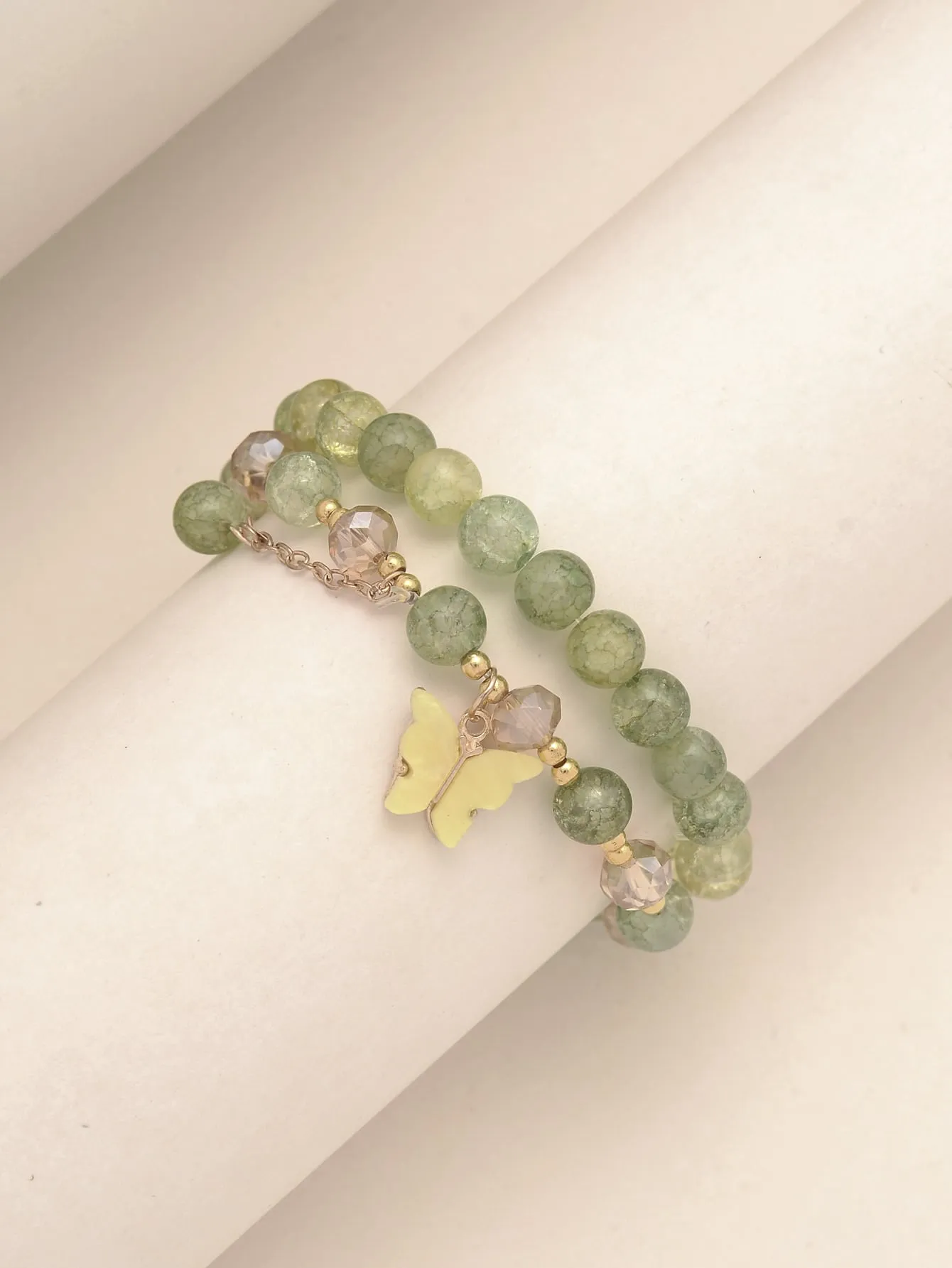 2pcs Butterfly Decor Green Beaded Bracelet Boho Style Crafted Beads Design