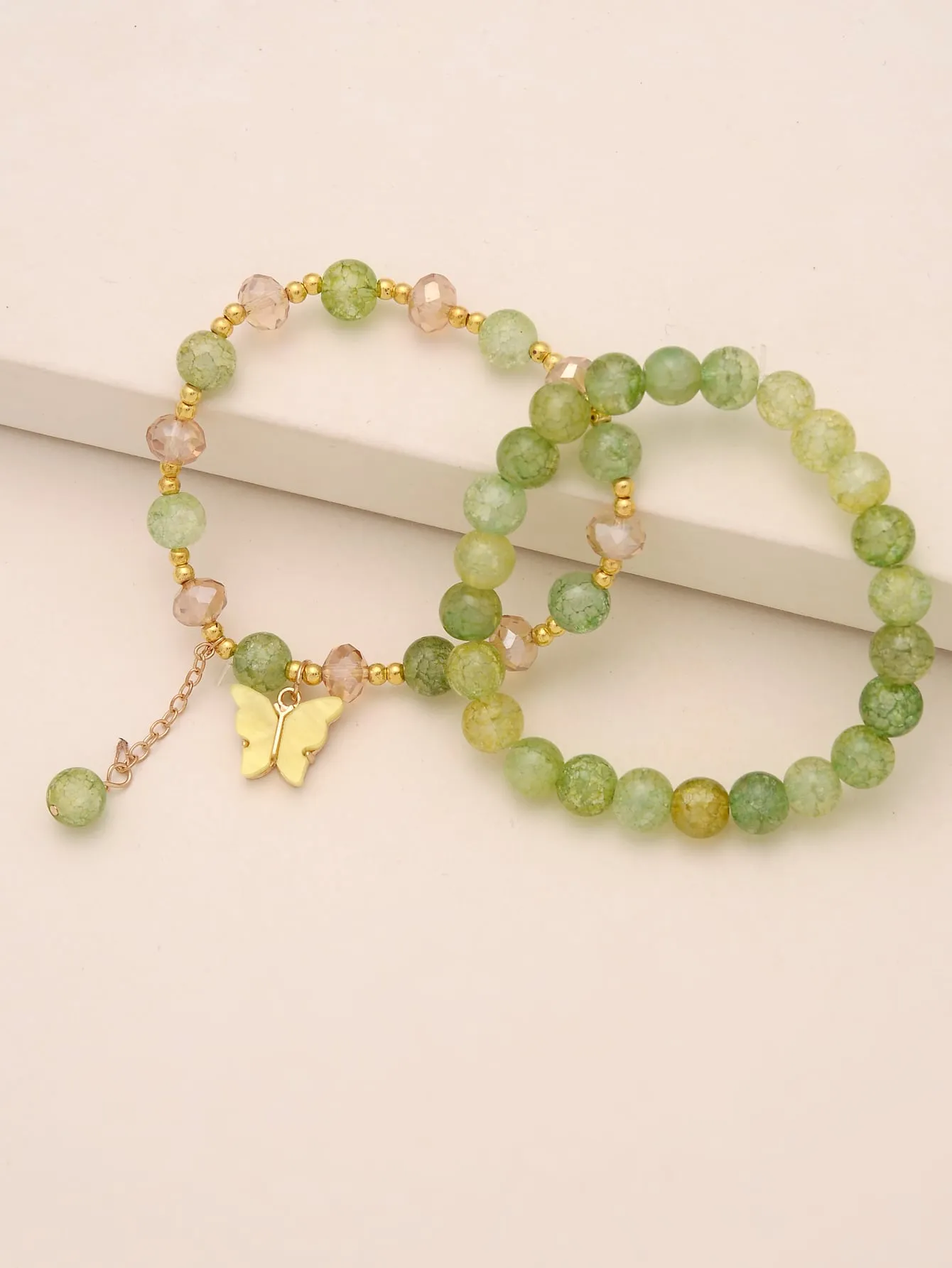 2pcs Butterfly Decor Green Beaded Bracelet Boho Style Crafted Beads Design