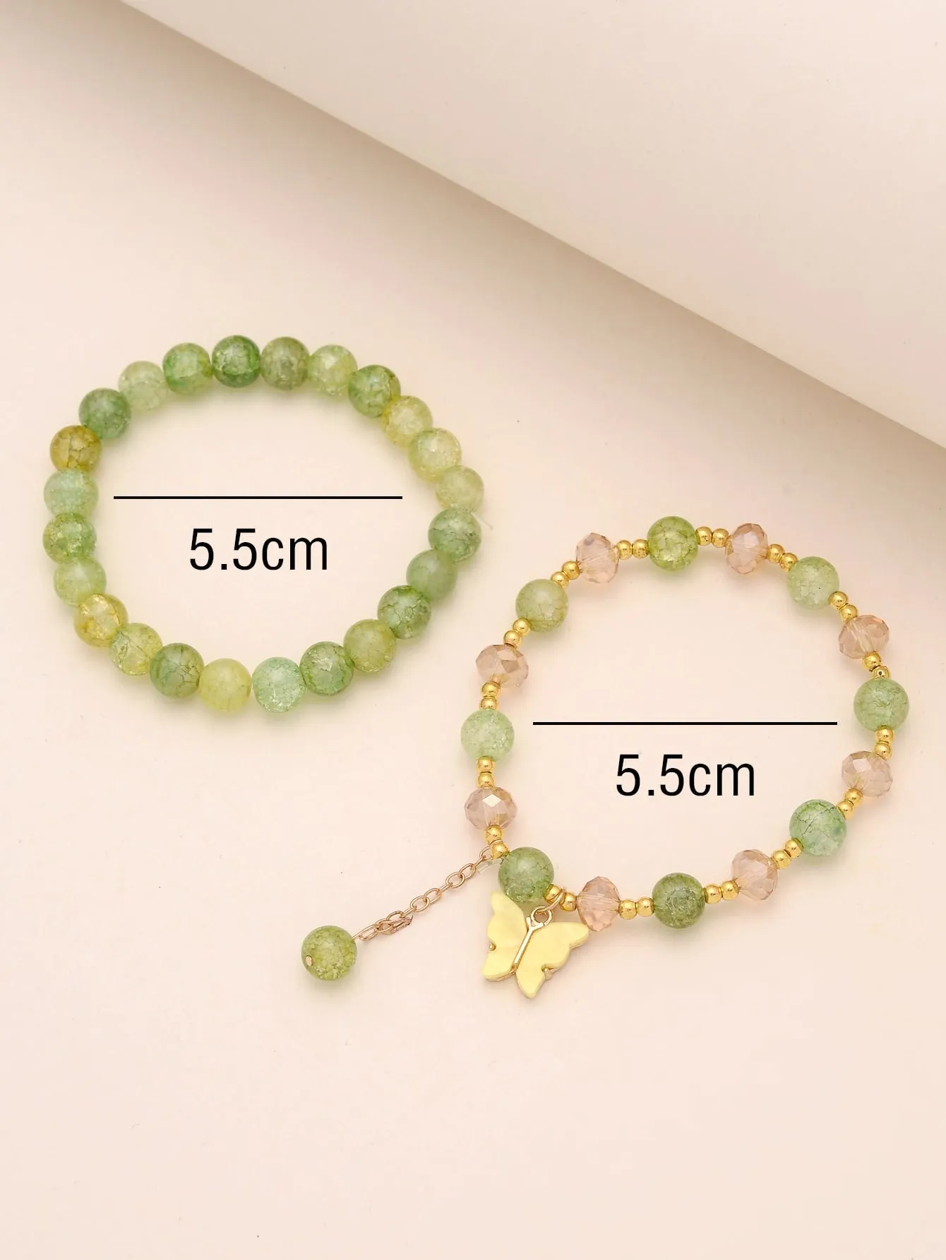2pcs Butterfly Decor Green Beaded Bracelet Boho Style Crafted Beads Design