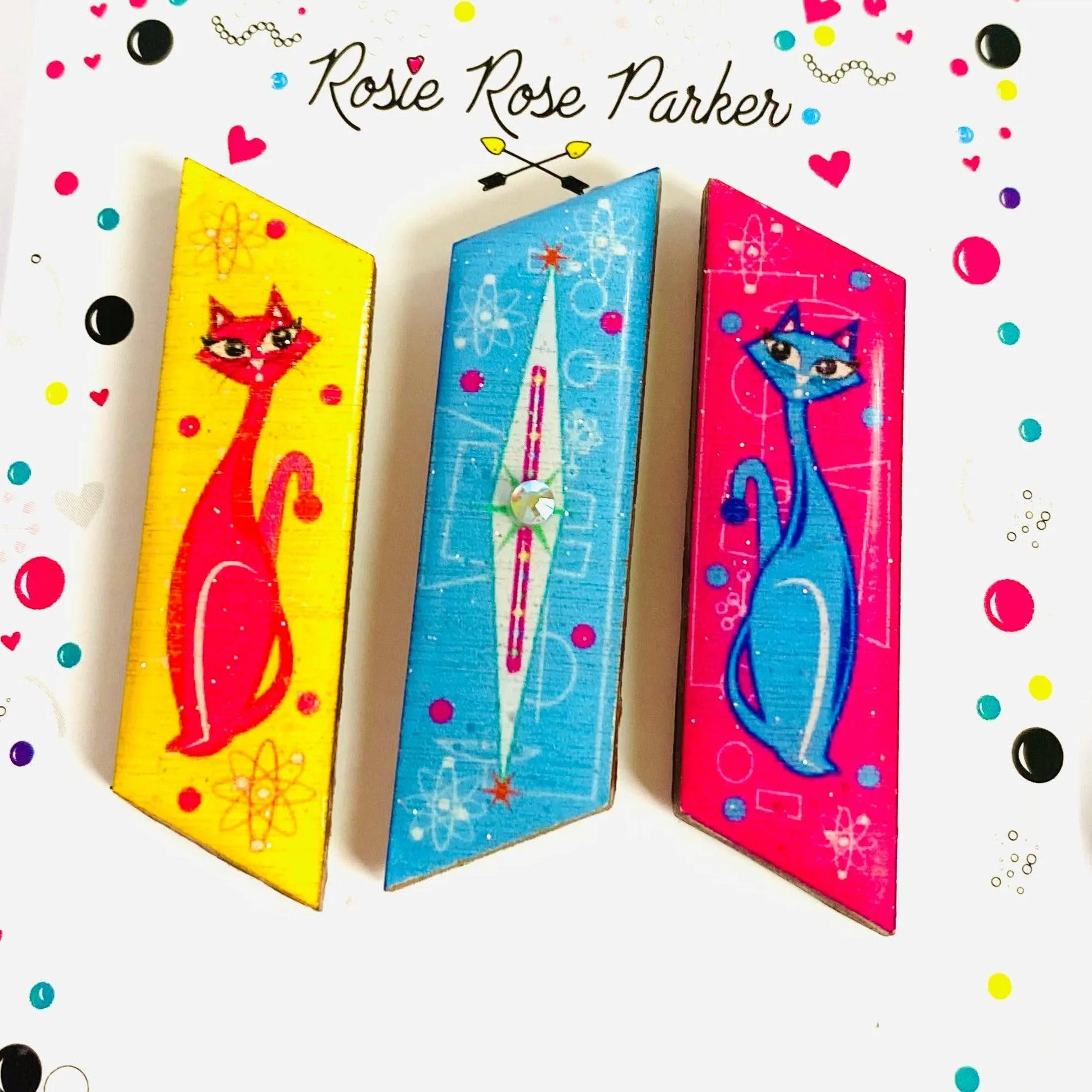 Atomic Cat Brooch Set of 3 by Rosie Rose Parker