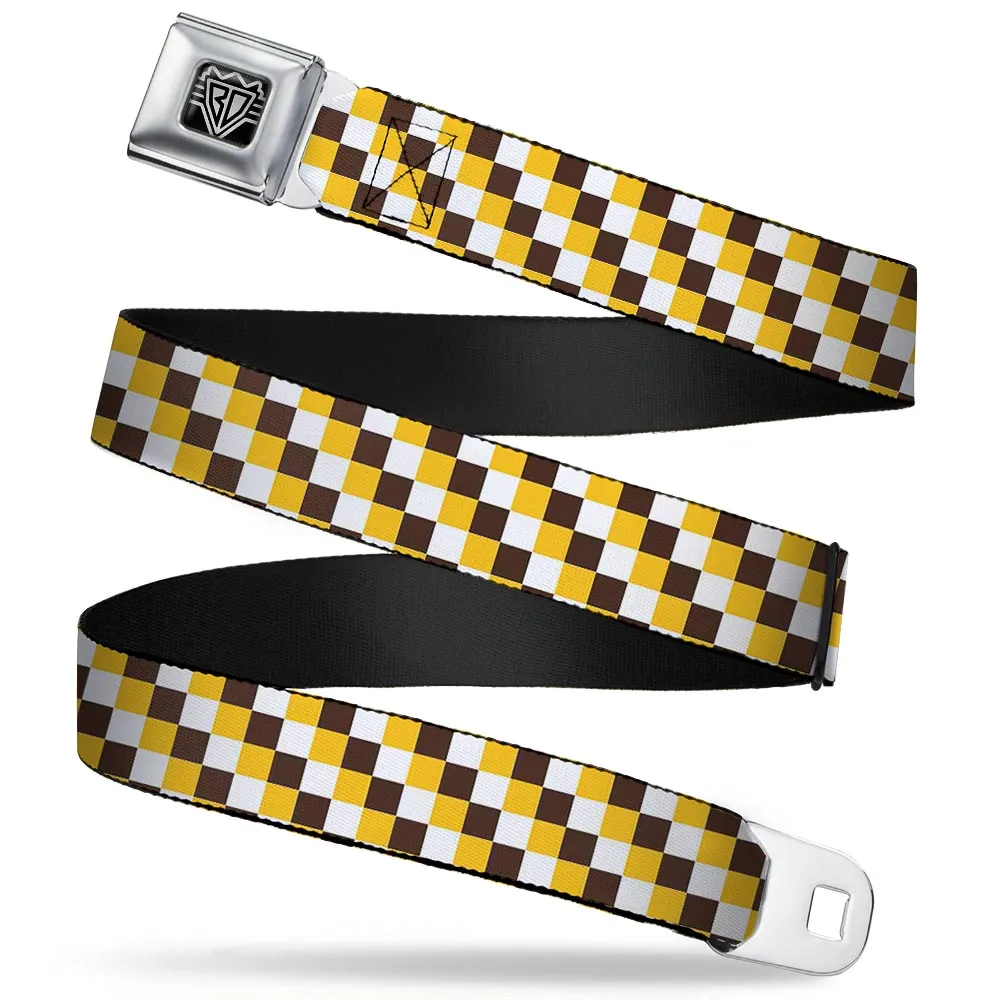 BD Wings Logo CLOSE-UP Full Color Black Silver Seatbelt Belt - Checker White/Gold/Brown Webbing