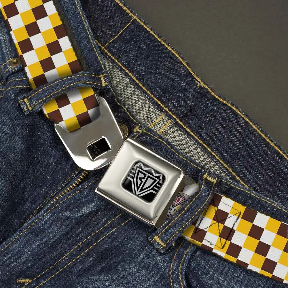 BD Wings Logo CLOSE-UP Full Color Black Silver Seatbelt Belt - Checker White/Gold/Brown Webbing
