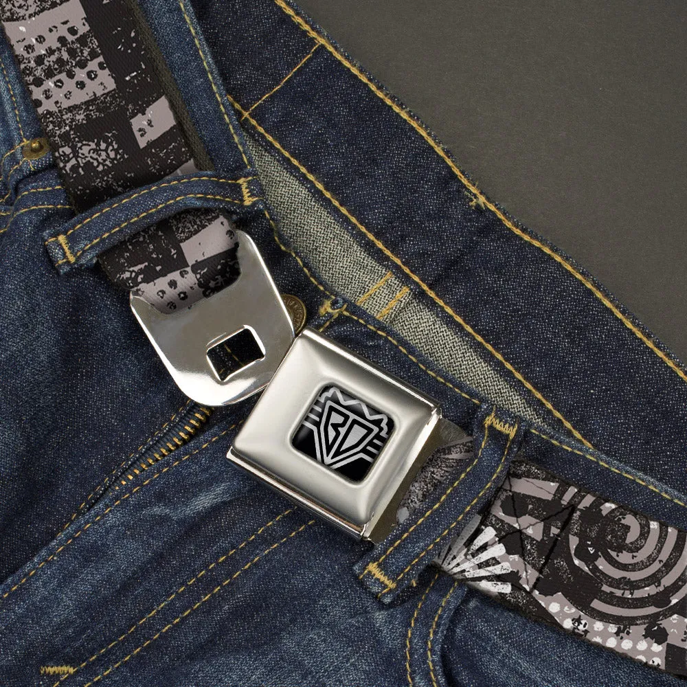 BD Wings Logo CLOSE-UP Full Color Black Silver Seatbelt Belt - Grunge Chaos Black/White Webbing
