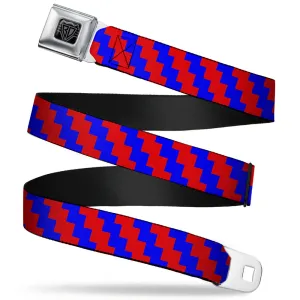 BD Wings Logo CLOSE-UP Full Color Black Silver Seatbelt Belt - Jagged Steps Stripe Red/Blue Webbing