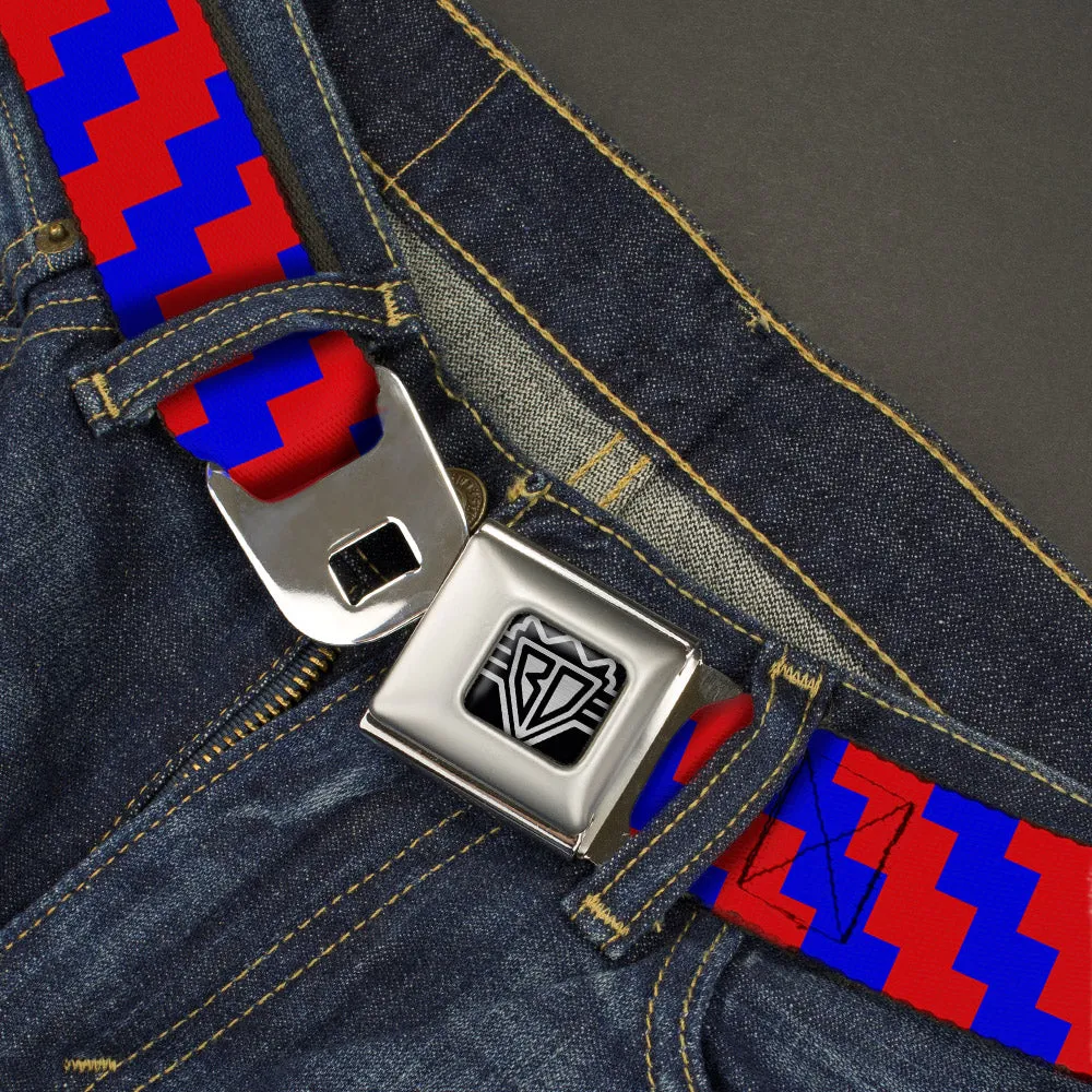 BD Wings Logo CLOSE-UP Full Color Black Silver Seatbelt Belt - Jagged Steps Stripe Red/Blue Webbing