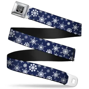BD Wings Logo CLOSE-UP Full Color Black Silver Seatbelt Belt - Snowflakes Blue/White Webbing
